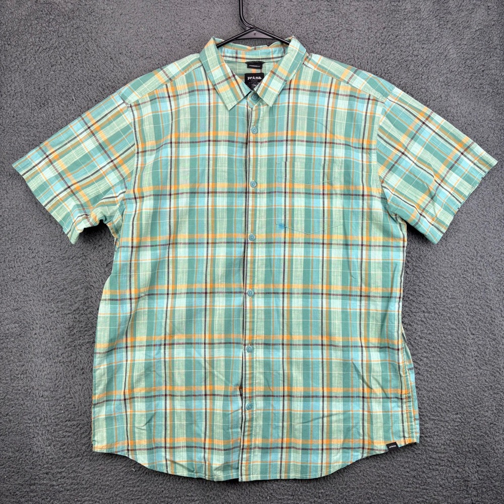 Prana Mens Plaid Short Sleeve Button Up Shirt Standard Fit XL Green Orange Blue